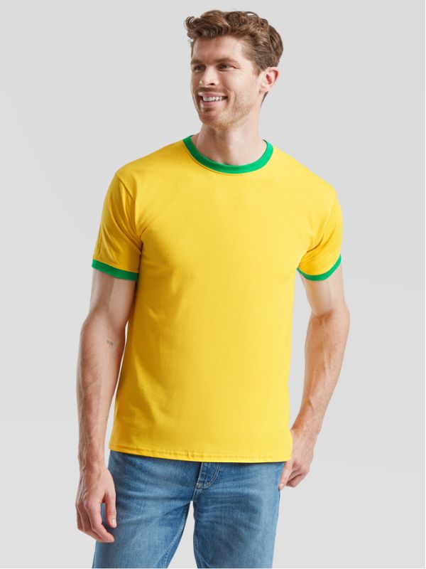 Мужская Футболка Цветными Манжетами Fruit of the Loom Valueweight Ringer Желтый с Зелеными Полосками S
